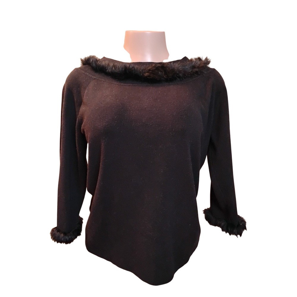 Sweaterworks Black Silk Blend Rabbit Hair Fur Trim Boat Neck Sweater XL